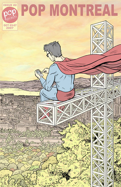 Jack Dylan's drawing of Andrew Rose as Superman, sitting on the Mont Royal cross with an iPod